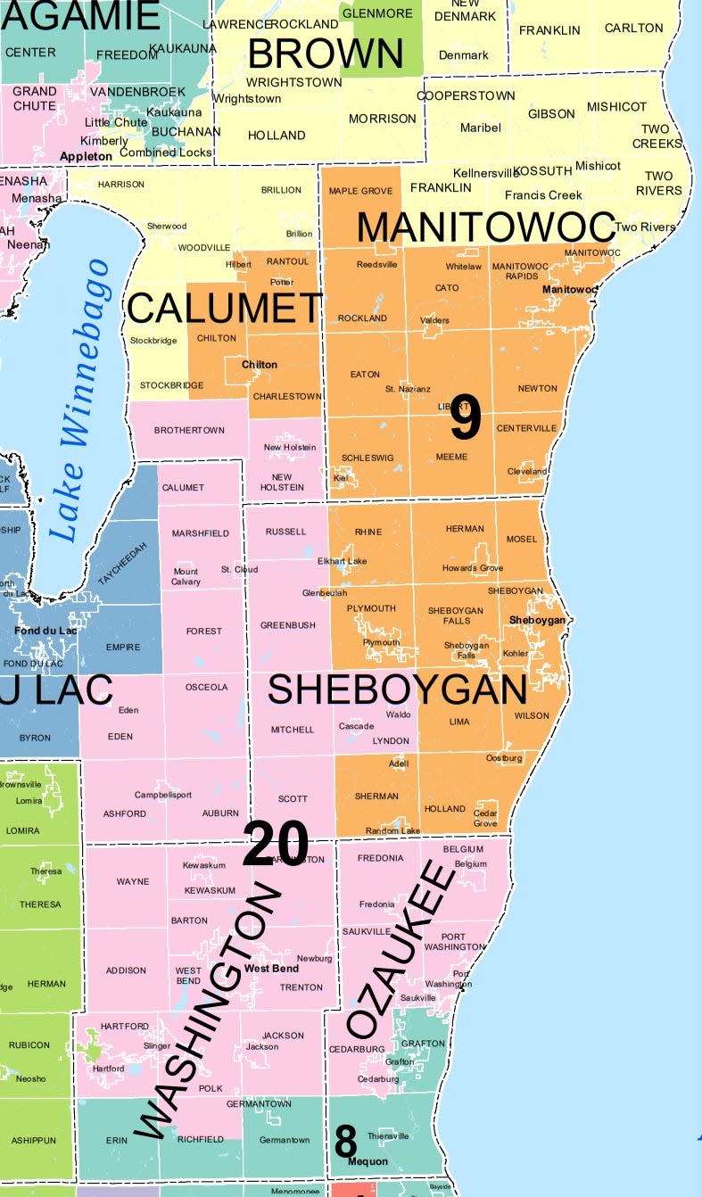 A map of State of Wisconsin Senate Districts, zoomed in on Sheboygan County. Senate Districts 9 and 20 cover parts of Sheboygan County. Only odd-numbered Senate Districts are up for election in 2022. A full map is available at https://tinyurl.com/2p9c7sv3.