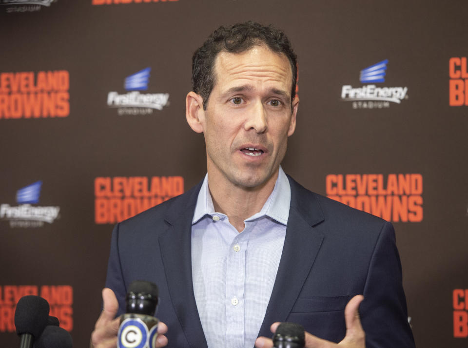 Paul DePodesta, chief strategy officer for the NFL football Cleveland Browns answers a question during a news conference at FirstEnergy Stadium in Cleveland, Tuesday, Jan. 14, 2020. (AP Photo/Phil Long)