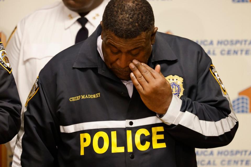 NYPD Chief of Department Jeffrey Maddrey breaks down at a press conference talking about the shot cop late Monday. Kevin C. Downs for NY Post