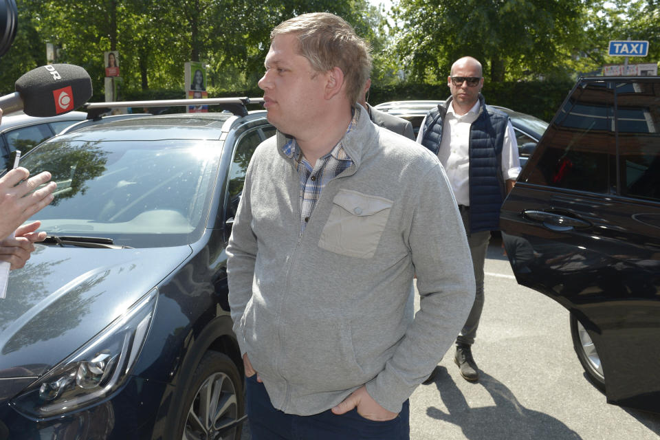 Rasmus Paludan, leader of Danish right wing party Stram Kurs, arrives to cast his vote during the parliamentary elections in Copenhagen, Denmark, Wednesday June 5, 2019. (Henning Bagger/Ritzau via AP)