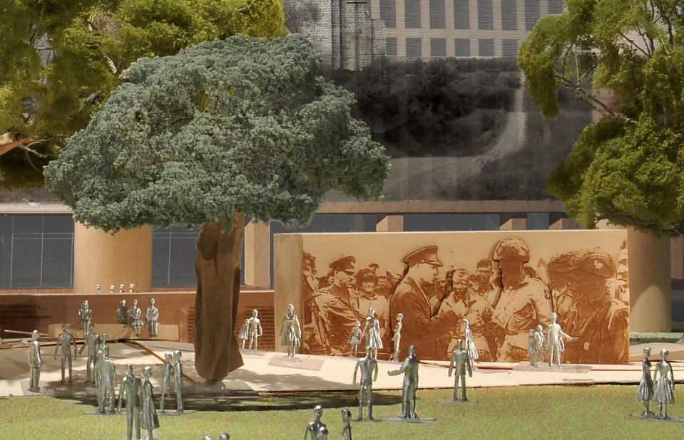 This undated handout image provided by Gehry Partners, LLP, shows the Eisenhower Memorial Pedestrian Experience. Detail 2. Planners of a memorial honoring Dwight D. Eisenhower respond to criticism that the Frank Gehry design puts too much emphasis on Eisenhower's rural Kansas roots and not enough on his achievements as a military hero and president. Some members of the Eisenhower family have recently voiced objections to the imagery to be depicted on large metal tapestries. (AP Photo/Gehry Partners, LLP)
