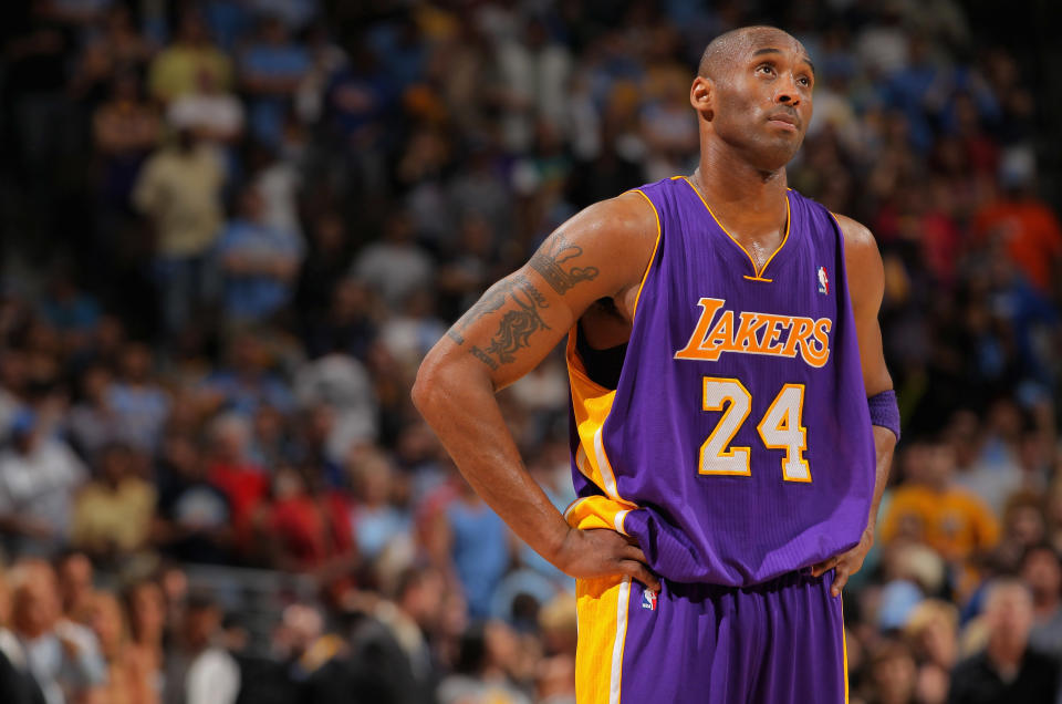 Lakers guard Kobe Bryant rests during a break in the action against the Nuggets on May 4 in Denver. (Photo by Doug Pensinger/Getty Images)