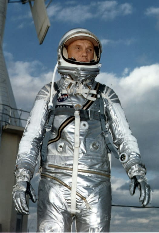 John Glenn wears a Mercury pressure suit during training for his 20 Feburary 1962 space flight aboard Friendship 7 in which he became the first American to orbit the Earth