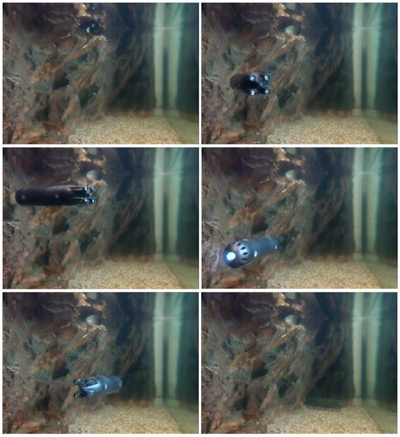 Movie sequence of a miniature submarine exploring under the ice.