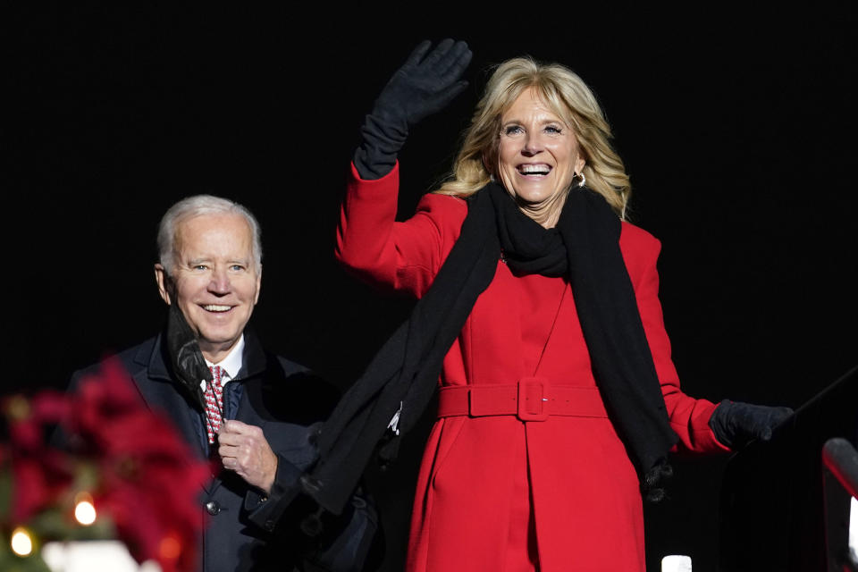 FILE - President Joe Biden and first lady Jill Biden arrive to attend the National Christmas Tree lighting ceremony on the Ellipse in Washington, Dec. 2, 2021. (AP Photo/Susan Walsh, File)