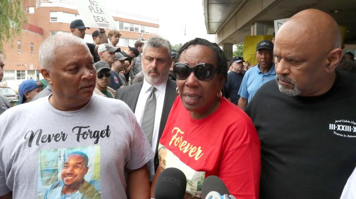 Jared Lloyd's mother, Sabrail Davenport speaks outside the Rockland County Court June 20, 2023. Rabbis Nathaniel Sommer and son Aaron accepted a plea deal in the death of Spring Valley firefighter Jared Lloyd and facility resident Oliver Hueston, who were killed in a fire at the Evergreen Court nursing home. 