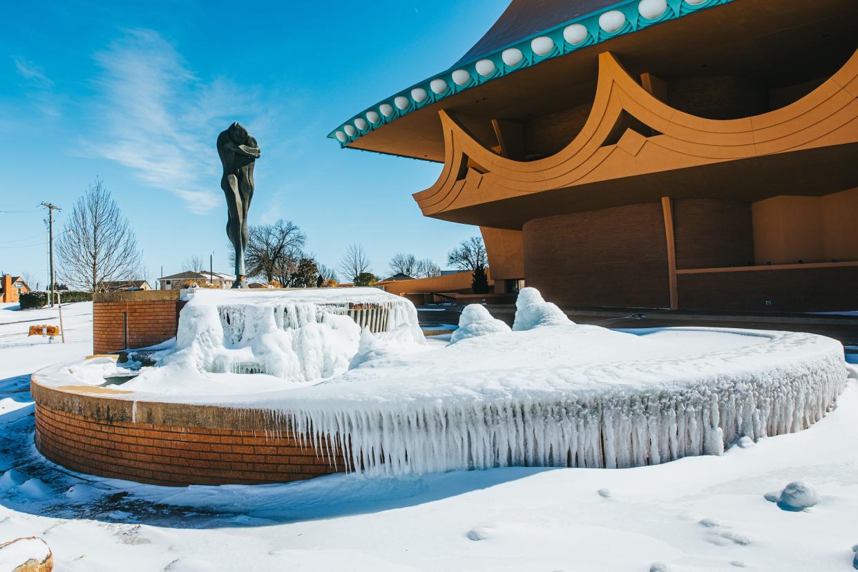 An ice sculpture formed in the fountain at the Bartlesville Community Center during the winter storm in February 2021 when temperatures dipped well below freezing for nearly two weeks.