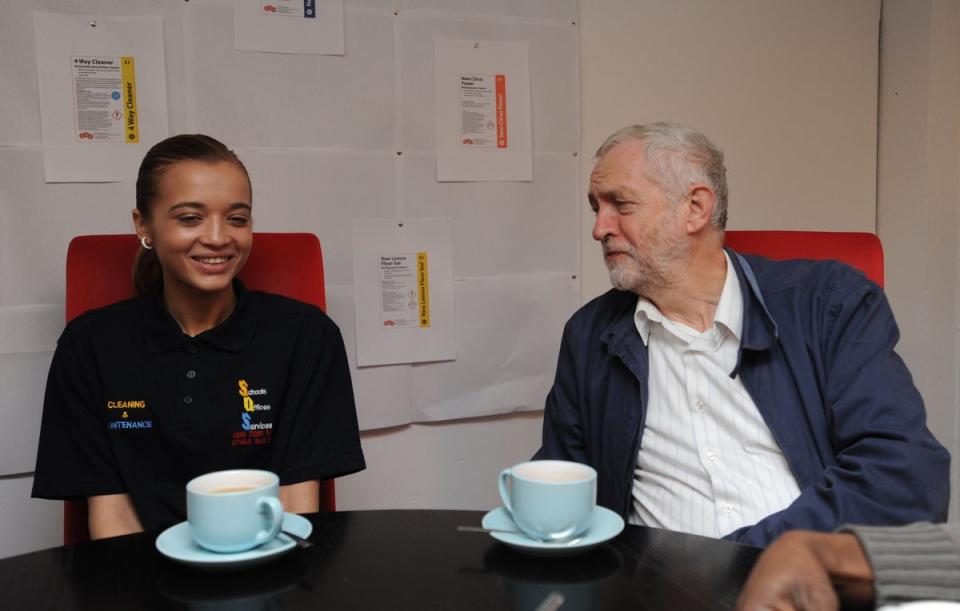 Eight years ago, while working as an apprentice cleaner, she met the then Labour party leader Jeremy Corbyn during a visit to SoS Cleaning Services to mark National Living Wage week. (PA)