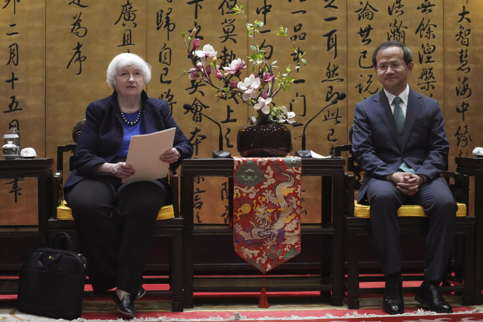 U.S. Treasury Secretary Janet Yellen, left, meets with Beijing Mayor Yin Yong at the Beijing International Hotel in Beijing China, Sunday, April 7, 2024. Yellen, who arrived later in Beijing after starting her five-day visit in one of China's major industrial and export hubs, said the talks would create a structure to hear each other's views and try to address American concerns about manufacturing overcapacity in China. (AP Photo/Tatan Syuflana, Pool)