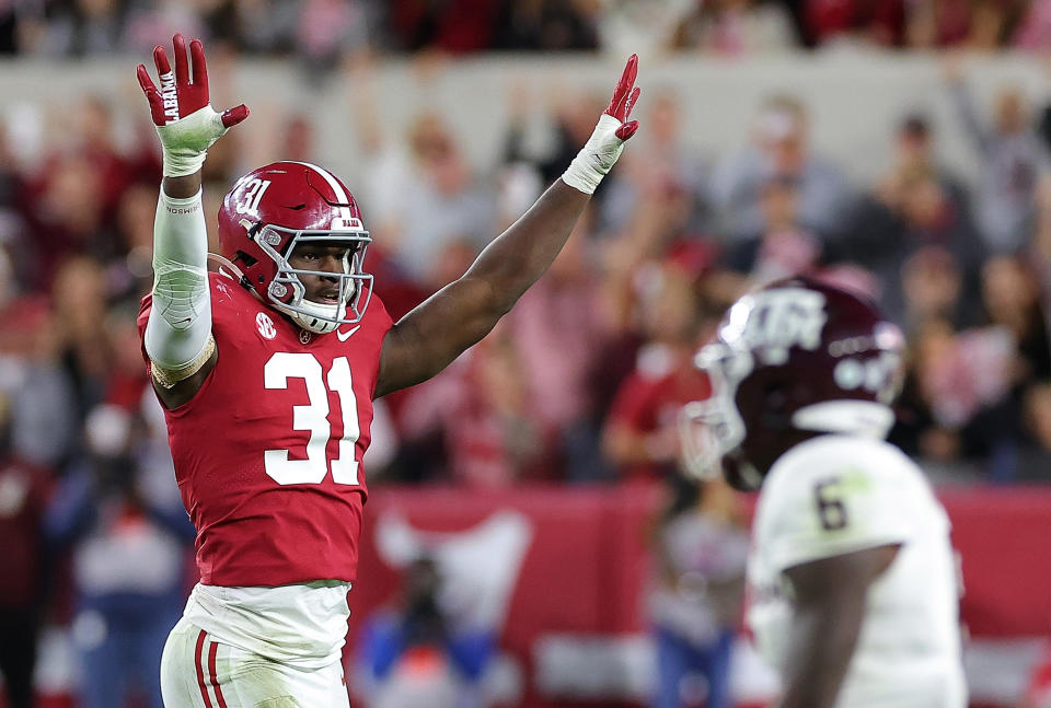 TUSCALOOSA, ALABAMA - OCTOBER 08: Will Anderson Jr. #31 of the Alabama Crimson Tide reacts after a defensive stop against the Texas A&M Aggies during the second half at Bryant-Denny Stadium on October 08, 2022 in Tuscaloosa, Alabama. (Photo by Kevin C. Cox/Getty Images)