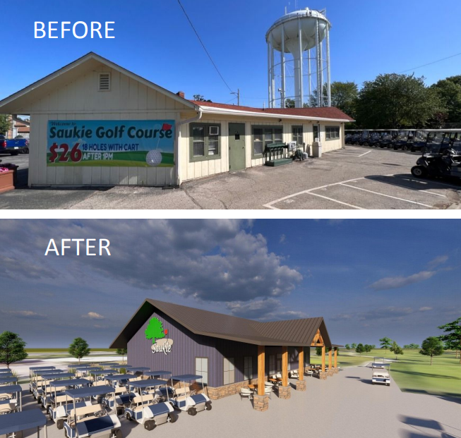 Saukie Golf Course, 3101 38th St., Rock Island, will replace its 95-year-old clubhouse (top), with 90 percent of the cost covered by a state grant.