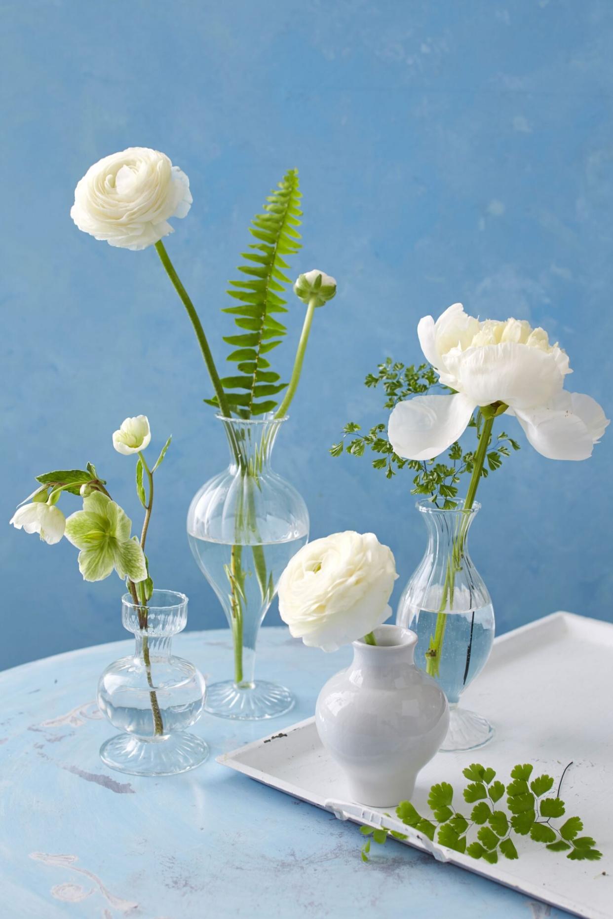 Clear and White Bud Vase Grouping with White Flowers and Greenery