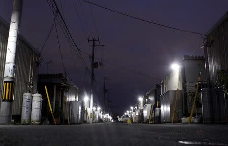 A night view of the Kaisei temporary housing complex, where evacuees from the coastal area live in Ishinomaki, Miyagi prefecture September 11, 2014. REUTERS/Antoni Slodkowski