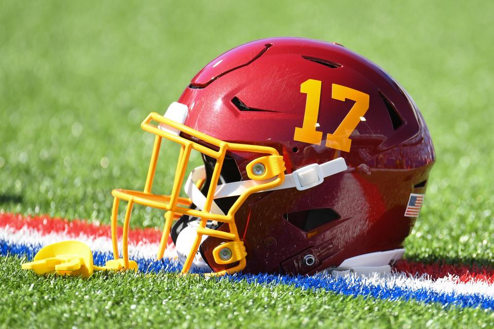 General view of the helmet belonging to Washington Football Team wide receiver Terry McLaurin (17) prior to the game against the Buffalo Bills at Highmark Stadium.