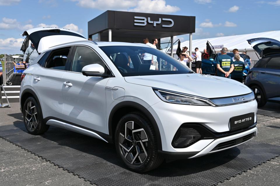 A BYD ATTO 3 is displayed during the British Motor Show at Farnborough International Exhibition Centre on August 17, 2023 in Farnborough, England. T