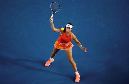 Spain's Garbine Muguruza hits a shot during her third round match against Czech Republic's Barbora Strycova at the Australian Open tennis tournament at Melbourne Park, Australia, January 23, 2016. REUTERS/Issei Kato