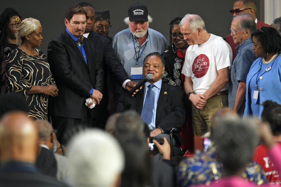 Rev. Jesse Jackson announces that he is stepping down as the president of Rainbow PUSH Coalition, Saturday, July 15, 2023, in Chicago. (AP Photo/Paul Beaty)