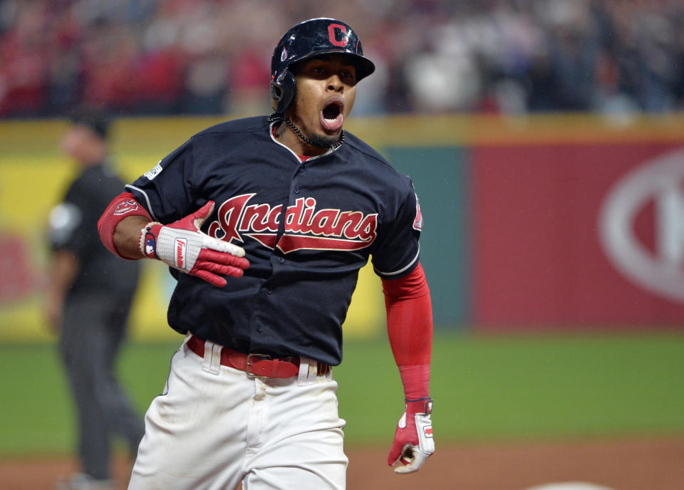 Francisco Lindor in the Indians' Block C logo. (AP)