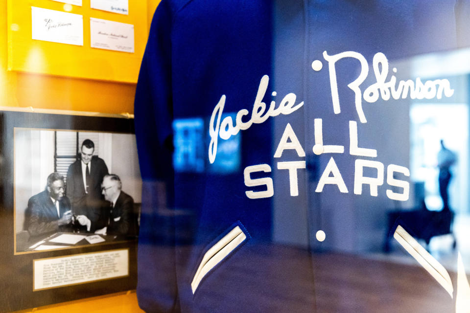 CORRECTS MONTH TO JULY, NOT JUNE - A Jackie Robinson 1953 All Stars jacket on display at the Jackie Robinson Museum, Tuesday, July 26, 2022, in New York. (AP Photo/Julia Nikhinson)