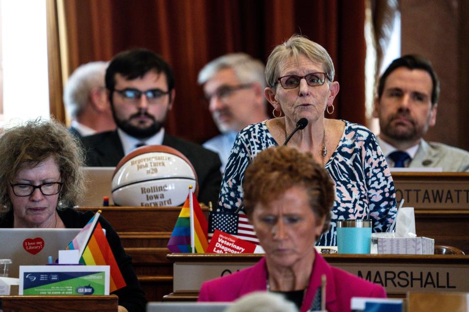 Rep. Sue Cahill, D-Marshalltown speaks during debate in the Iowa House on Wednesday, March 22, 2023, at the Iowa State Capitol in Des Moines, Iowa.