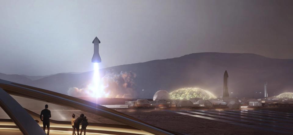 spacex mars martian colony city cities settlement starship rocket launch glass bubble dome habitat rendering artist concept