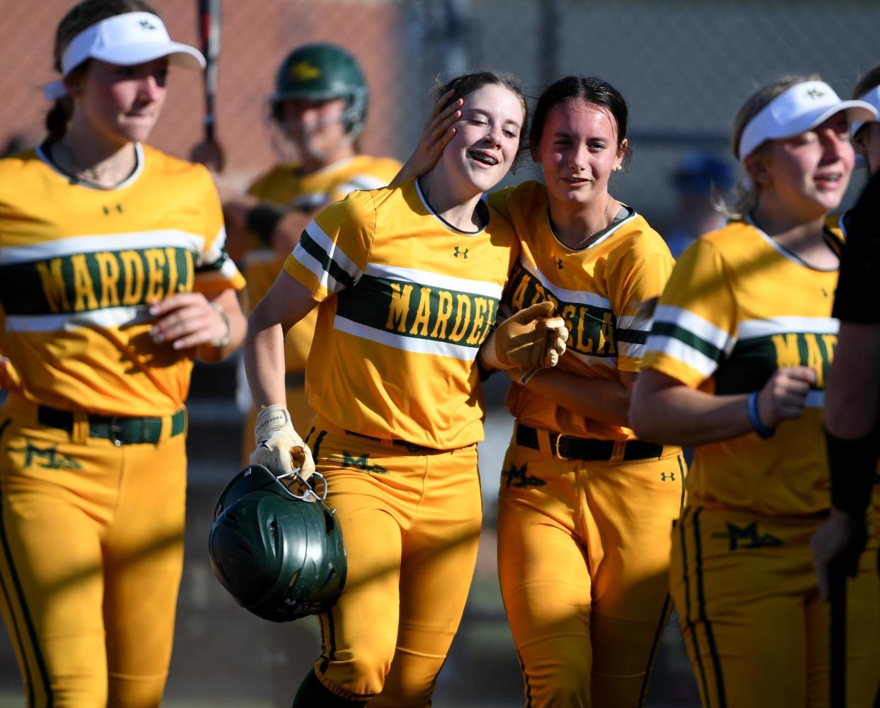 Mardela's Camryn Dorr (17) celebrates her three-run homerun against Decatur Thursday, May 2, 2024, in Berlin. Mardela defeated Decatur 7-3.