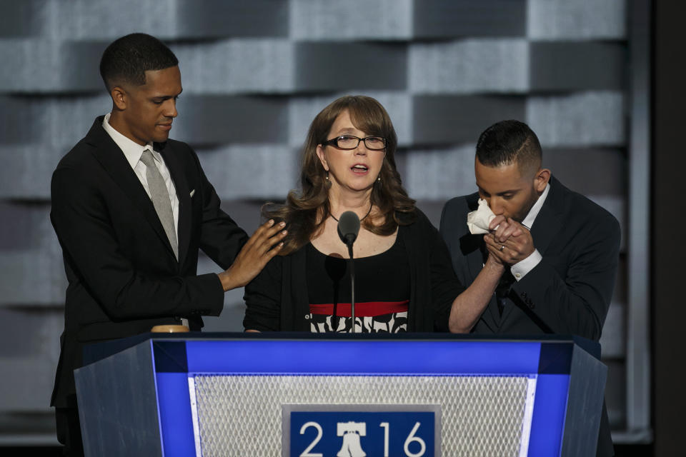 Brandon Wolf, from left, Christine Leinonen and Jose Arraigada speak about gun control at the 2016 Democratic National Convention, in Philadelphia on July 27, 2016. | Marcus Yam—Los Angeles Times via Getty Images