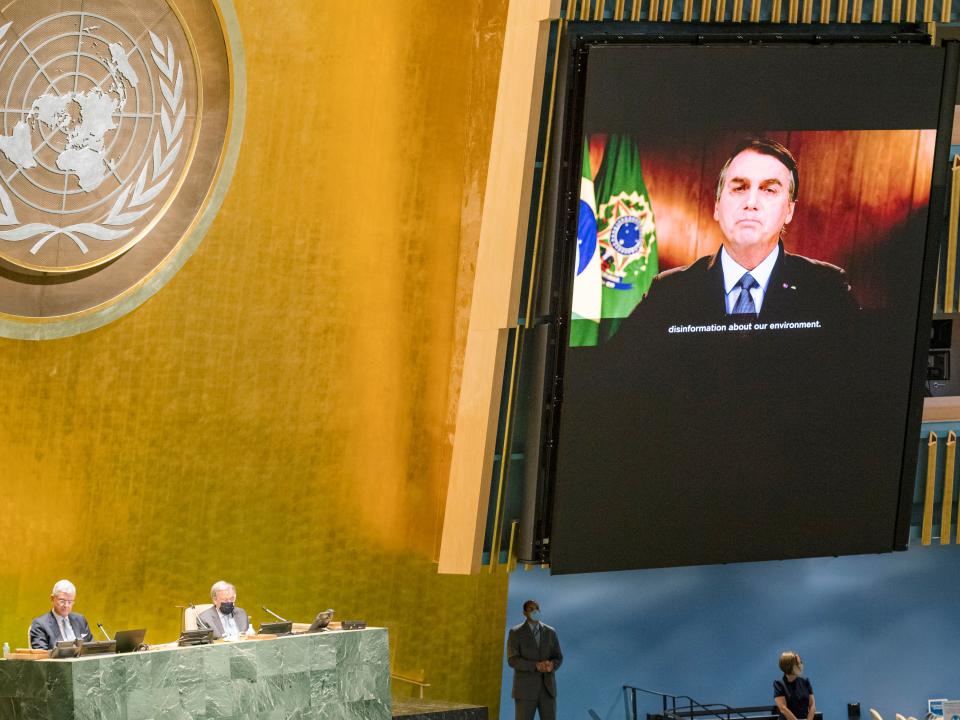 President of Brazil Jair Bolsonaro speaks during the 75th annual U.N. General Assembly, which is being held mostly virtually due to the coronavirus pandemic  (United Nations/Handout via REUTERS)
