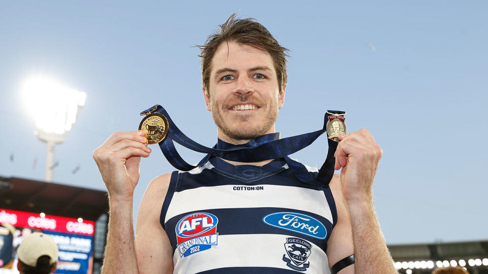 Geelong's Isaac Smith became the oldest Norm Smith Medal winner after being named best on ground in the 2022 AFL grand final. Pic: Getty