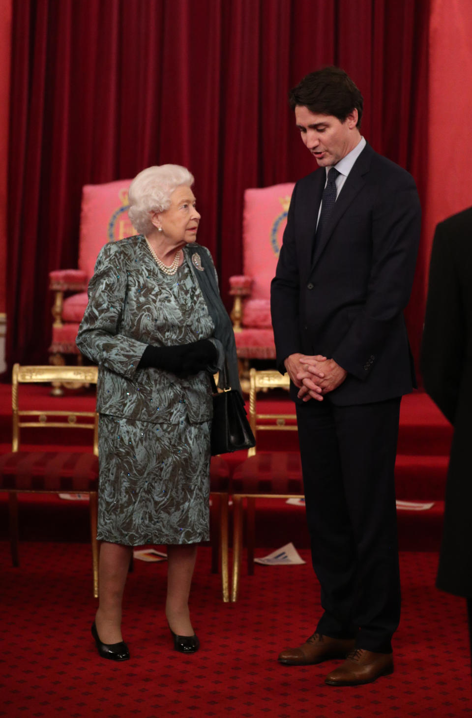 Queen Elizabeth II with Canadian Prime Minister Justin Trudeau during the reception in Buckingham Palace, London, as Nato leaders gather to mark 70 years of the alliance.