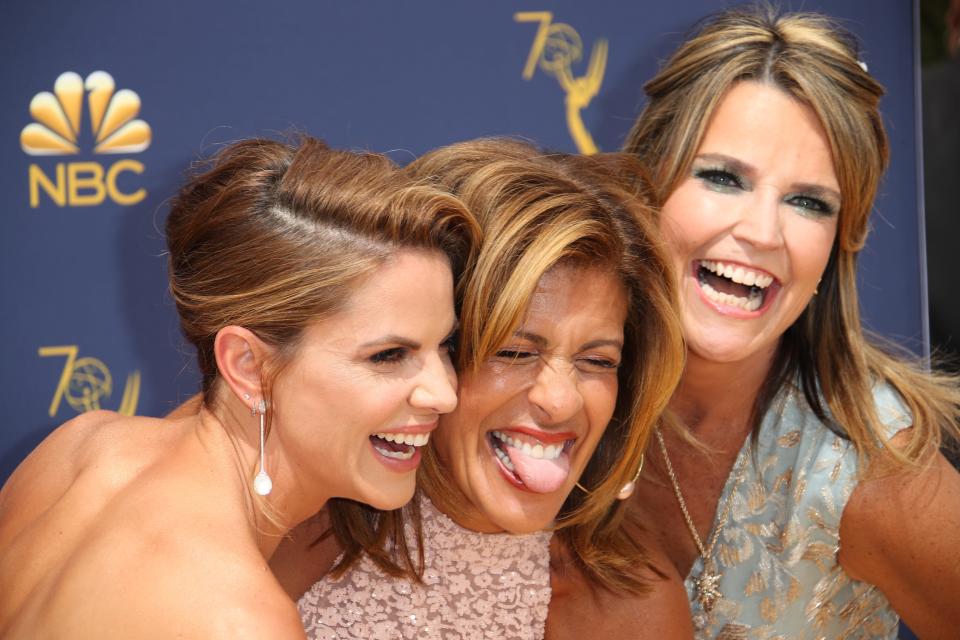 From left, Natalie Morales, Hoda Kotb, and Savannah Guthrie arrive for the 70th Emmy Awards at the Microsoft Theater.