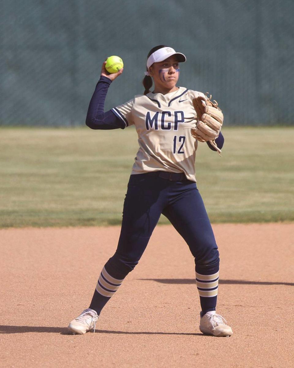 Samantha Rodriguez throws from shortstop. Mission Prep won 7-0 over San Luis Obispo High School in a softball playoff on May 15, 2024.