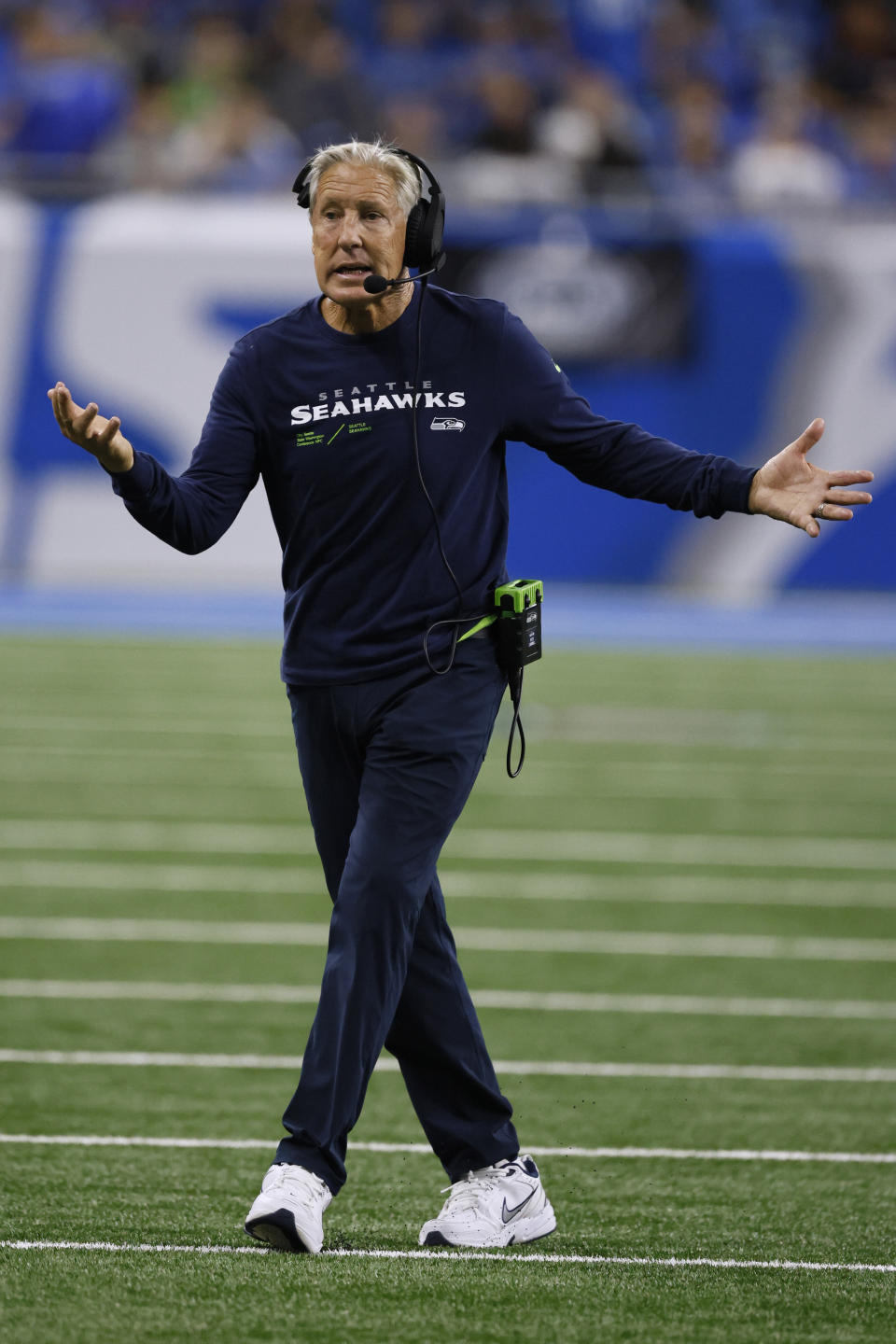 Seattle Seahawks head coach Pete Carroll reacts to a call during the second half of an NFL football game against the Detroit Lions, Sunday, Sept. 17, 2023, in Detroit. (AP Photo/Duane Burleson)