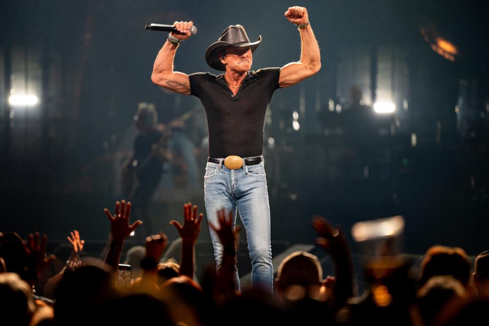 Tim McGraw performs during his Standing Room Only Tour concert at Bridgestone Arena in Nashville, Tenn., Thursday, April 25, 2024.