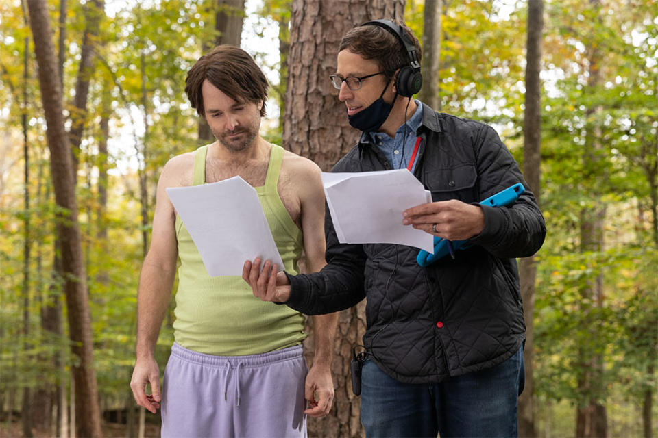 From Left Will Forte and director Josh Greenbaum on the set of Strays.