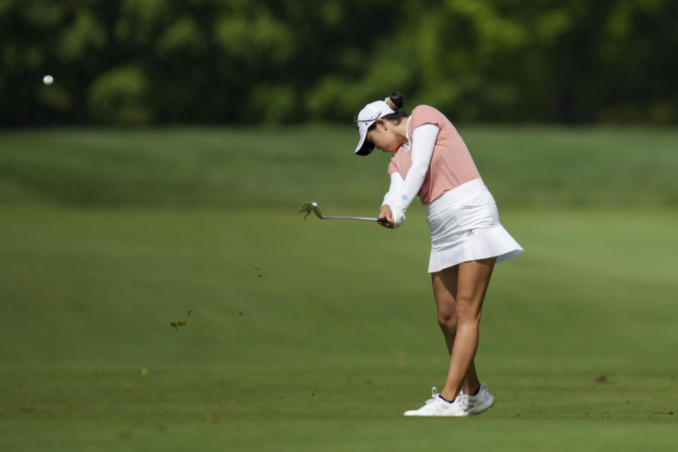 Rose Zhang plays a shot from the fairway on the fifth hole during the first round of the LPGA Tour Kroger Queen City Championship golf tournament in Cincinnati, Thursday, Sept. 7, 2023. (AP Photo/Aaron Doster)