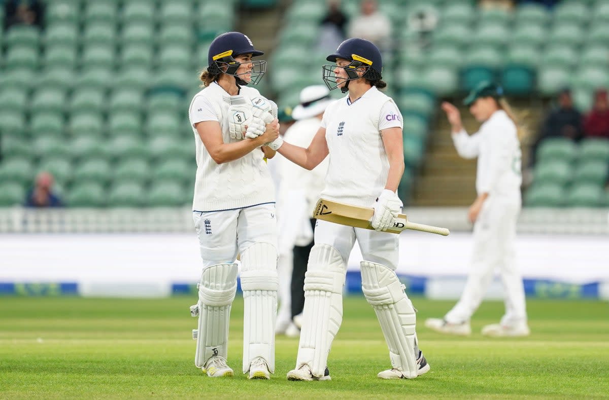 Nat Sciver, left, and Alice Davidson-Richards hit maiden Test centuries as England sailed into a 44-run lead at the end of day two (David Davies/PA) (PA Wire)