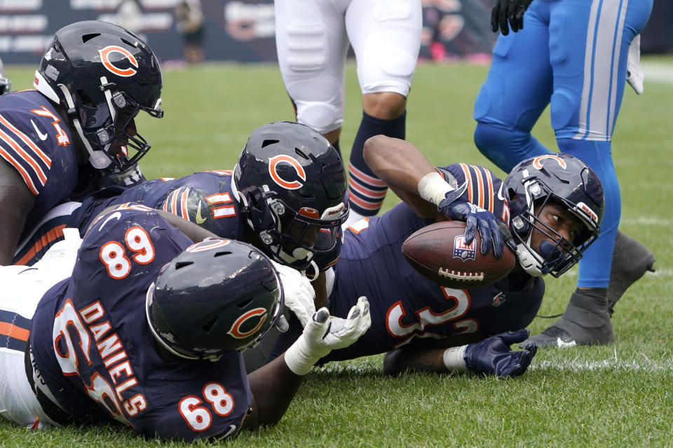 Chicago Bears running back David Montgomery scores during the first half of an NFL football game against the Detroit Lions Sunday, Oct. 3, 2021, in Chicago. (AP Photo/David Banks)