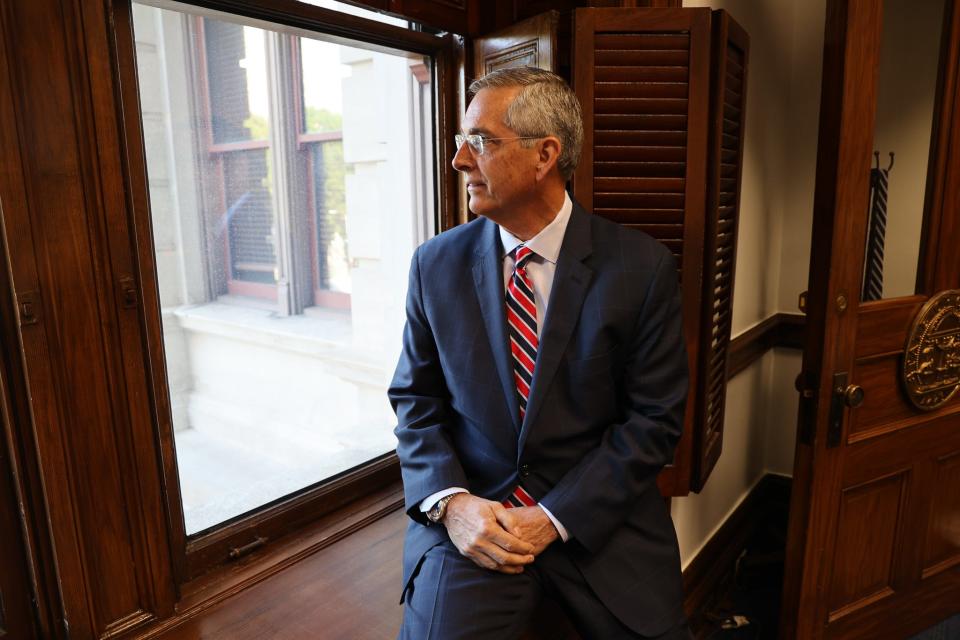 Georgia Secretary of State Brad Raffensperger in his state capitol office in August, shortly before indictments over the state’s 2020 elections.