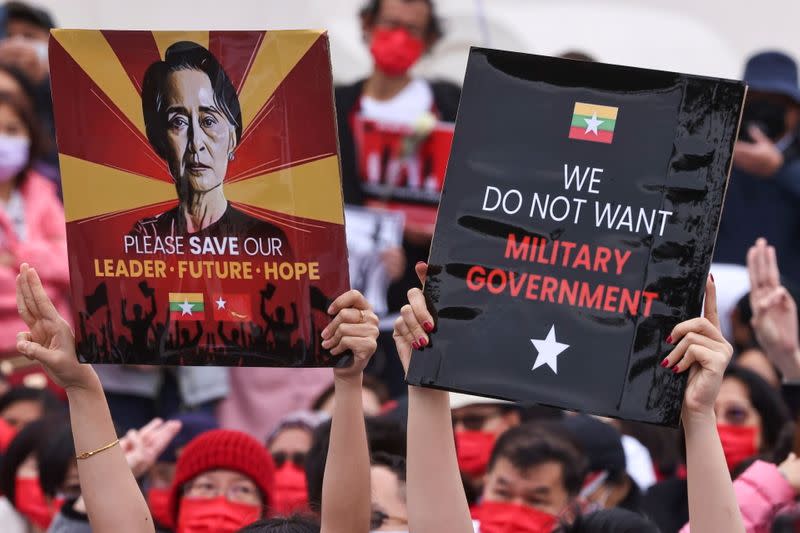 People gather to denounce the Myanmar military coup in Taipei