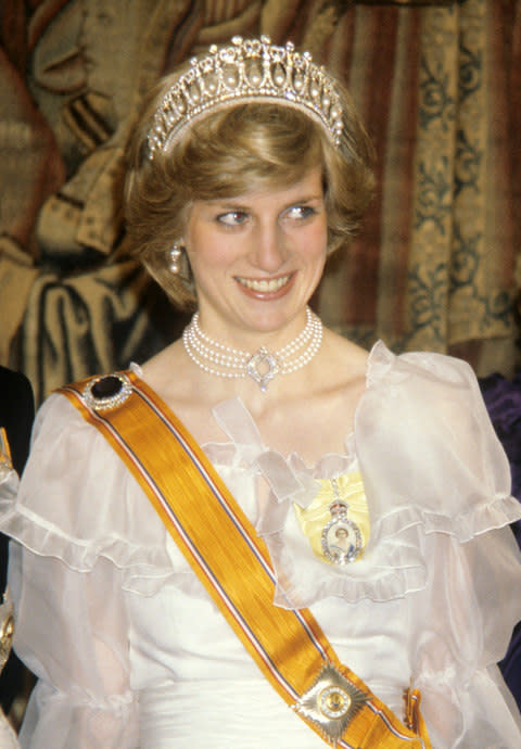 Princess Diana wearing the necklace at a state banquet for the Netherlands in 1982 - Credit:  PA