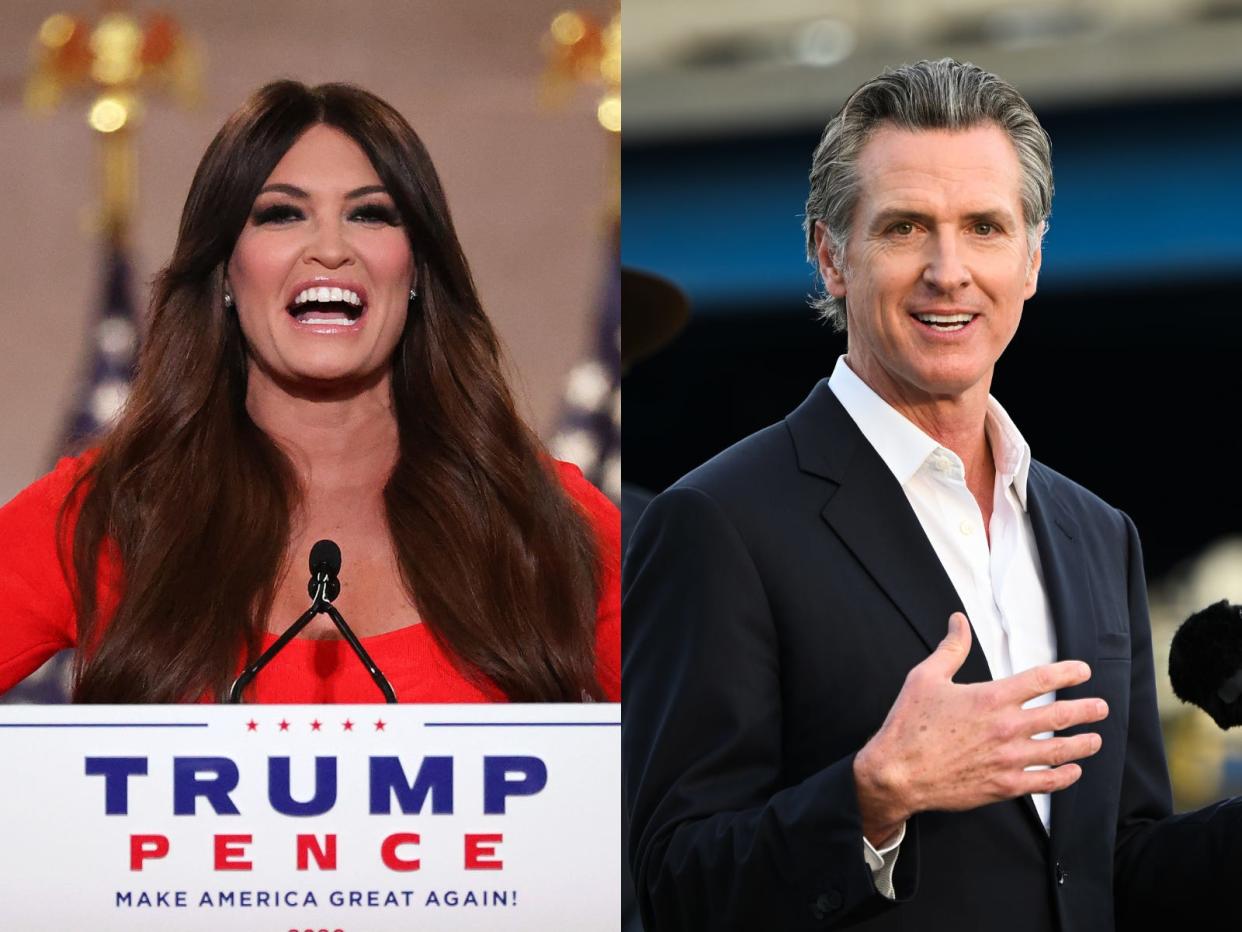 Kimberly Guilfoyle and Gavin Newsom in a split image