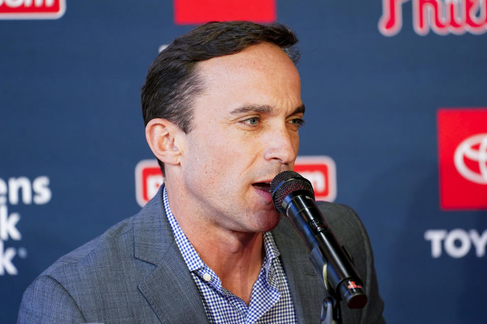 Philadelphia Phillies baseball team Vice President and General Manager Sam Fuld takes questions from the media during the introductory press conference for Aaron Nola, Monday, Nov. 20, 2023, in Philadelphia. (AP Photo/Chris Szagola)