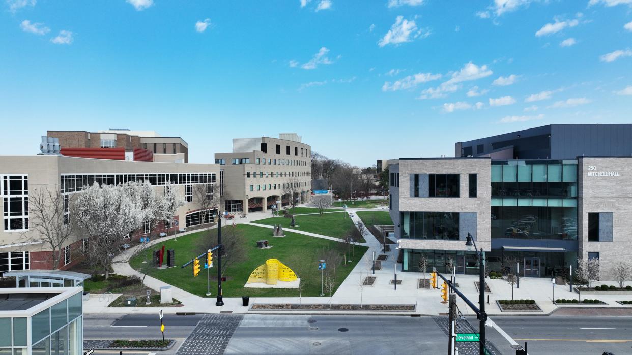 The Columbus State Community College campus in downtown Columbus. Mitchell Hall is at right. The college is facing higher-than-expected budget cuts, including layoffs, because of a variety of factors.