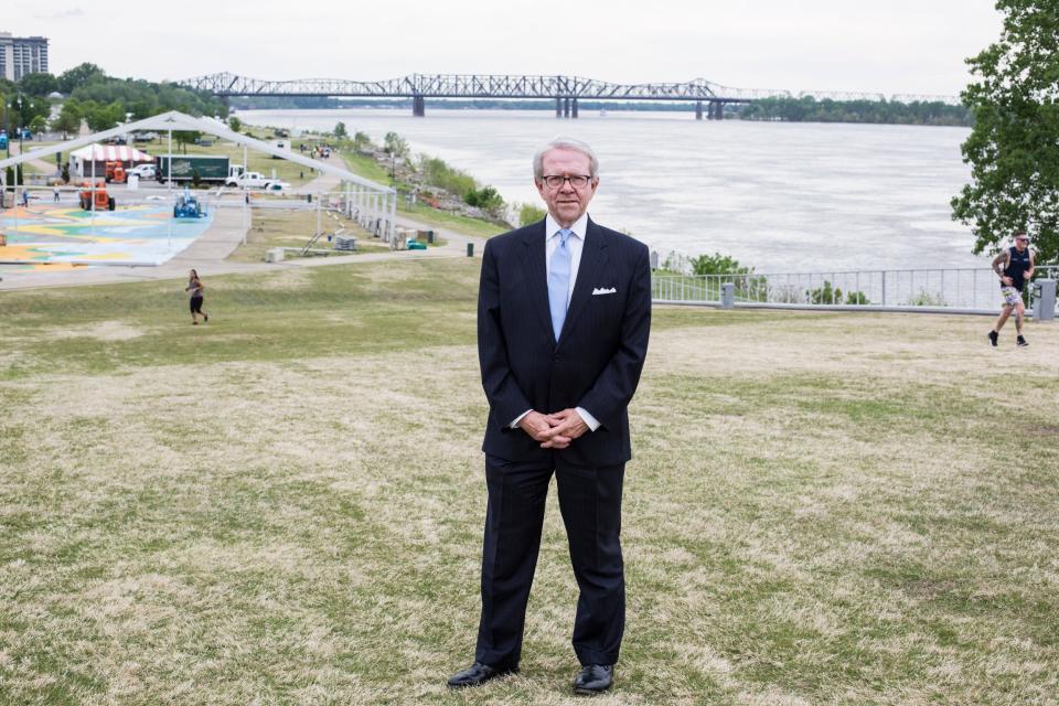 Lyman Aldrich stands on Beale Street Landing while work starts to transform Tom Lee Park for the Memphis in May International Festival on April 23, 2019. Aldrich was the president of the first Memphis in May festival in 1977.