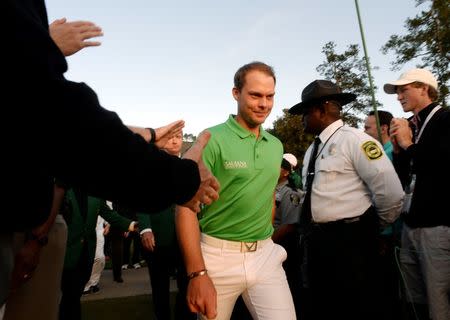 Apr 10, 2016; Augusta, GA, USA; Danny Willett walks to the green jacket ceremony after winning the 2016 The Masters golf tournament at Augusta National Golf Club. Mandatory Credit: Michael Madrid-USA TODAY Sports