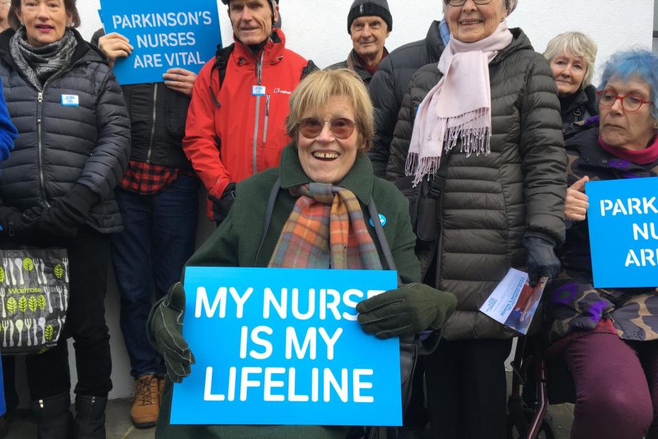 Charlotte Johnson Wahl campaigns with fellow Parkinson's sufferers and carers outside a West London CCG meeting in Ladbroke Grove (James Morris)