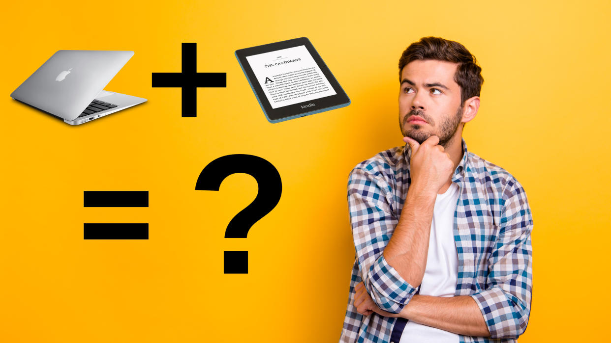  A thinking man next to an equation adding the Apple MacBook and Amazon Kindle to equal a '?'. 