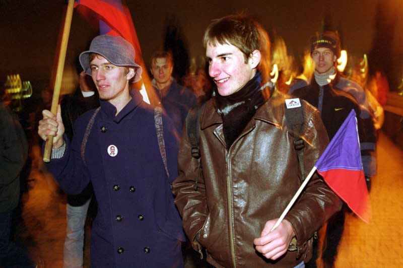 About 1,000 Czech students march through central Prague on November 17, 1999, in commemoration of the 10th anniversary of Czechoslovakia's Velvet Revolution, which ended decades of communist rule. File Photo by Sean Gallup/UPI