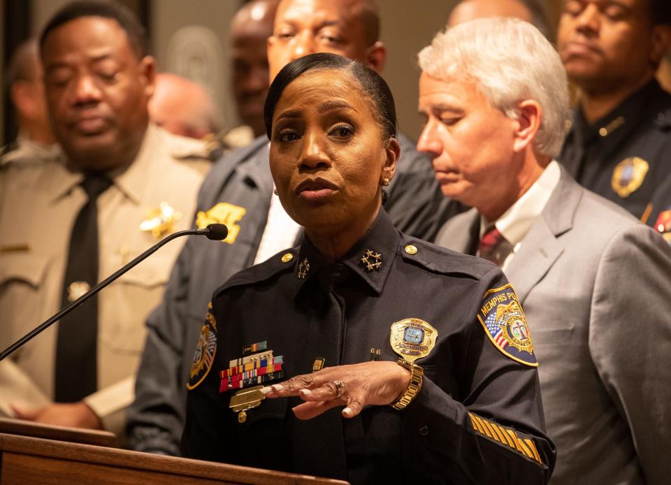 Memphis Police Chief Cerelyn "CJ" Davis speaks during a press conference early Thursday, Sept. 8, 2022, after 19-year-old Ezekiel Dejuan Kelly is alleged by MPD to be responsible for several shootings in Memphis. The shootings on Wednesday ended with seven people shot, at least four of the seven dead. 